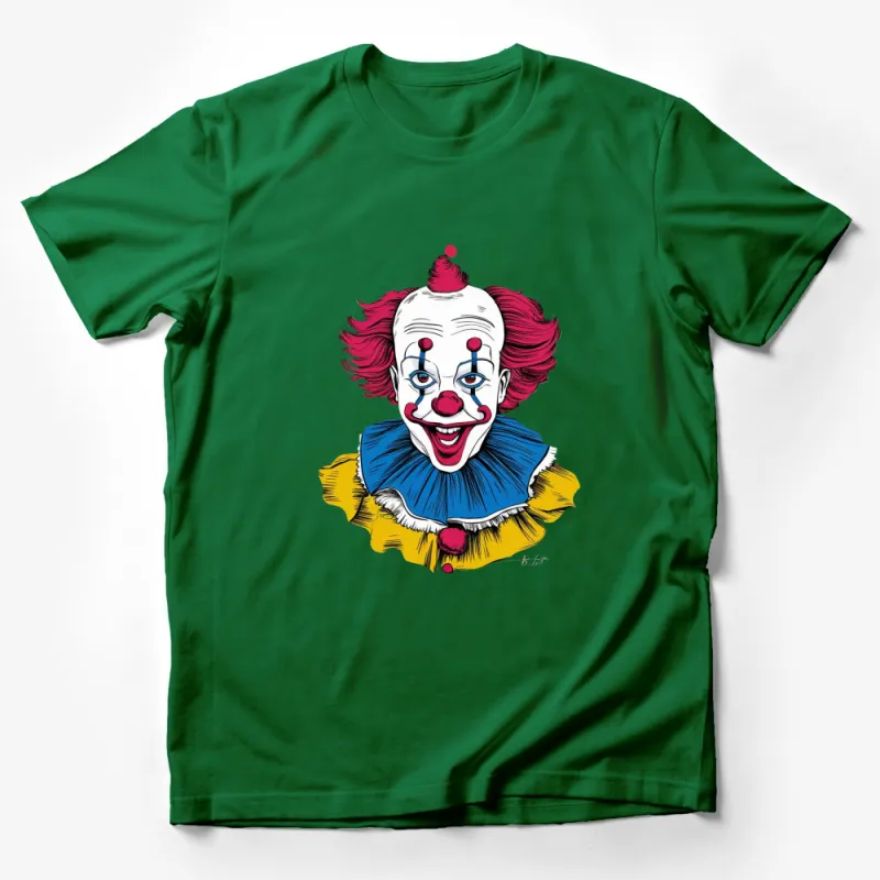 Colorful Clown Graphic T-Shirt, Fun Circus Theme, Unisex Adult Clothing, Vibrant Red and Blue Male T-Shirt