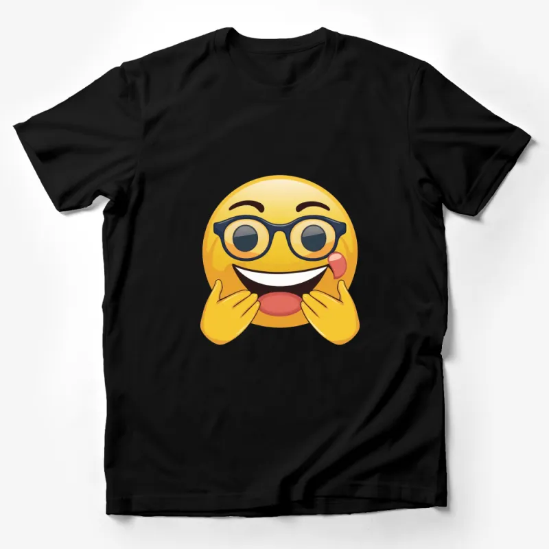 Smiling Emoji Face T-Shirt, Yellow Happy Emoticon with Glasses, Unisex Kids and Adults Tee Male T-Shirt