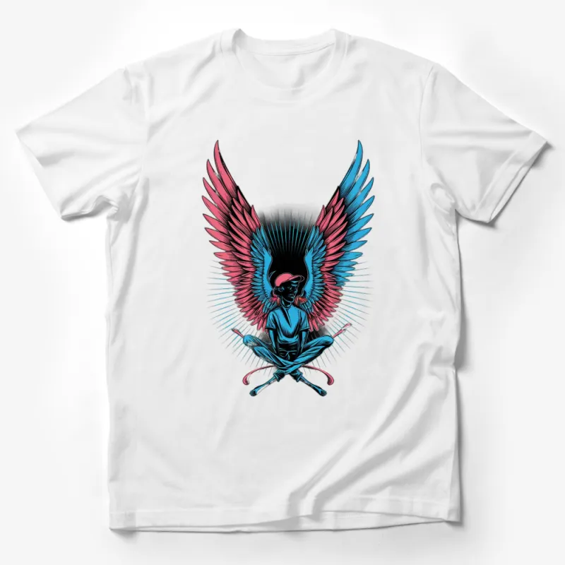 Angel Wings and Baseball Cap Girl T-Shirt, Colorful Streetwear Style Graphic Tee, Urban Fashion Top Male T-Shirt