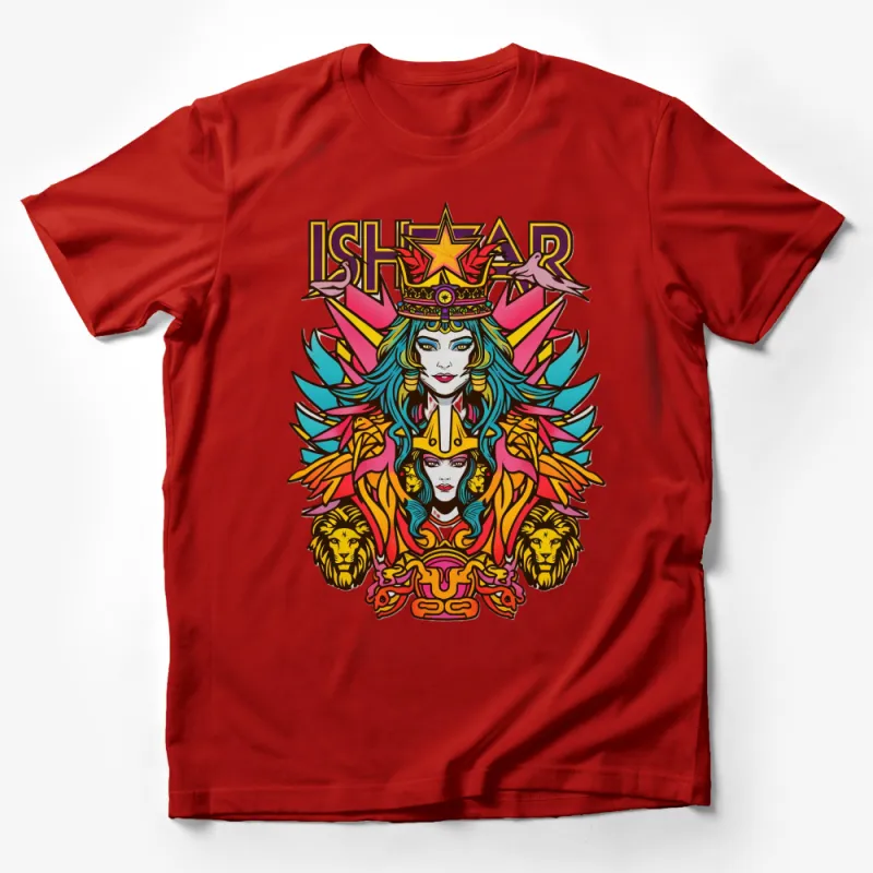 Vibrant Ishstar Goddess Graphic Tee, Colorful Lion and Stars, Unique Mythological Design T-Shirt Male T-Shirt