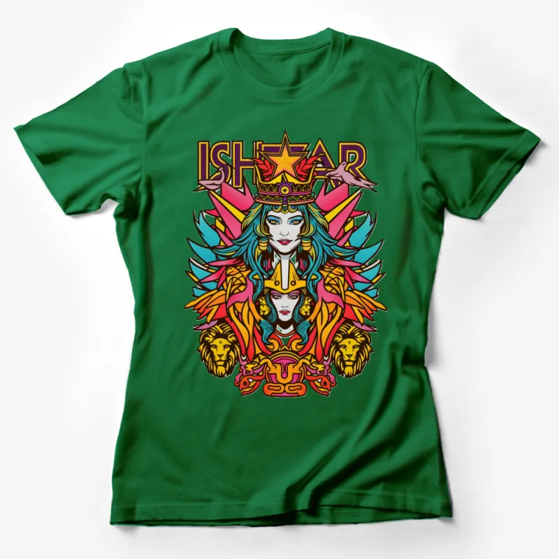 Vibrant Ishstar Goddess Graphic Tee, Colorful Lion and Stars, Unique Mythological Design T-Shirt Female T-Shirt