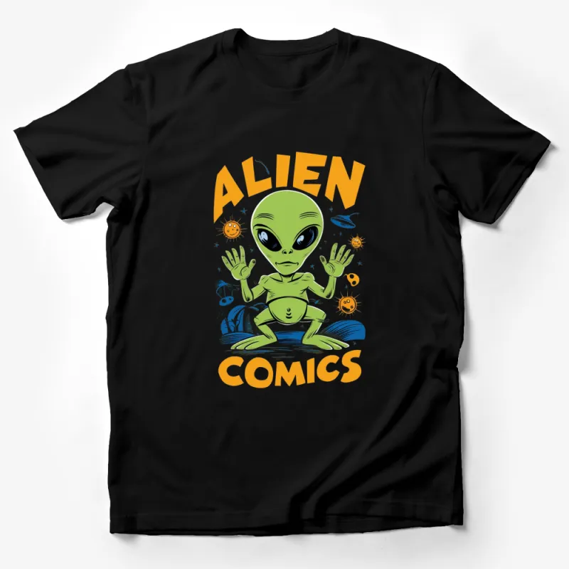 Alien Comics Graphic Tee, Cute Cartoon Alien T-Shirt, Quirky Space Theme Apparel Male T-Shirt