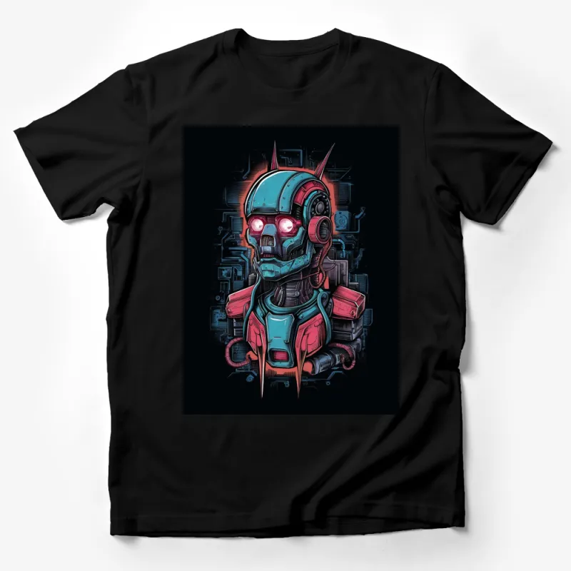 Cyberpunk Robot Graphic T-Shirt, Neon Red Eyes Tech Futuristic Style Unisex Tee Male T-Shirt