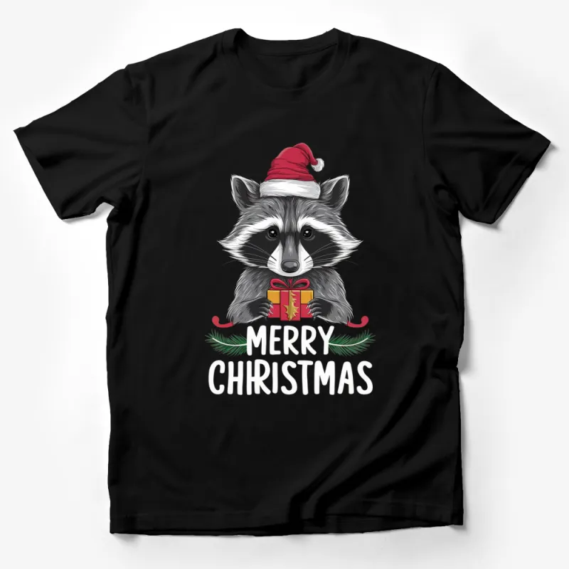 Christmas Raccoon T-Shirt with Santa Hat and Gift, Holiday Apparel, Festive Graphic Tee, Unisex Male T-Shirt