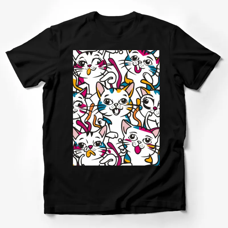 Colorful Cat Faces T-Shirt, Whimsical Cartoon Cats Graphic Tee, Unisex Adult and Kids Sizes Male T-Shirt