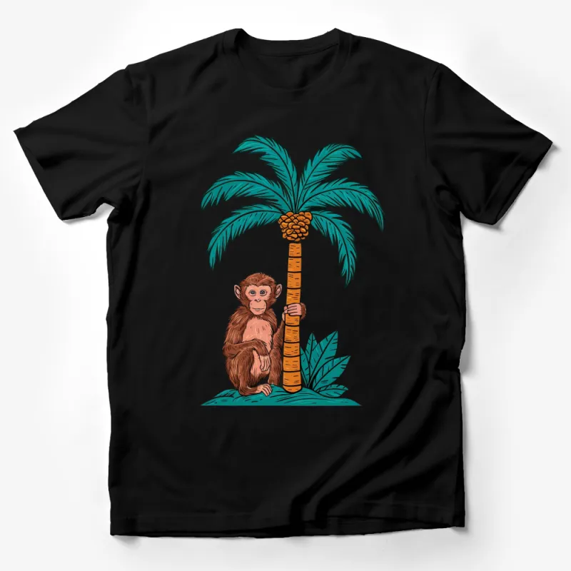 Tropical Monkey Palm Tree Graphic T-Shirt, Cute Jungle Animal Illustration, Summer Casual Wear Male T-Shirt