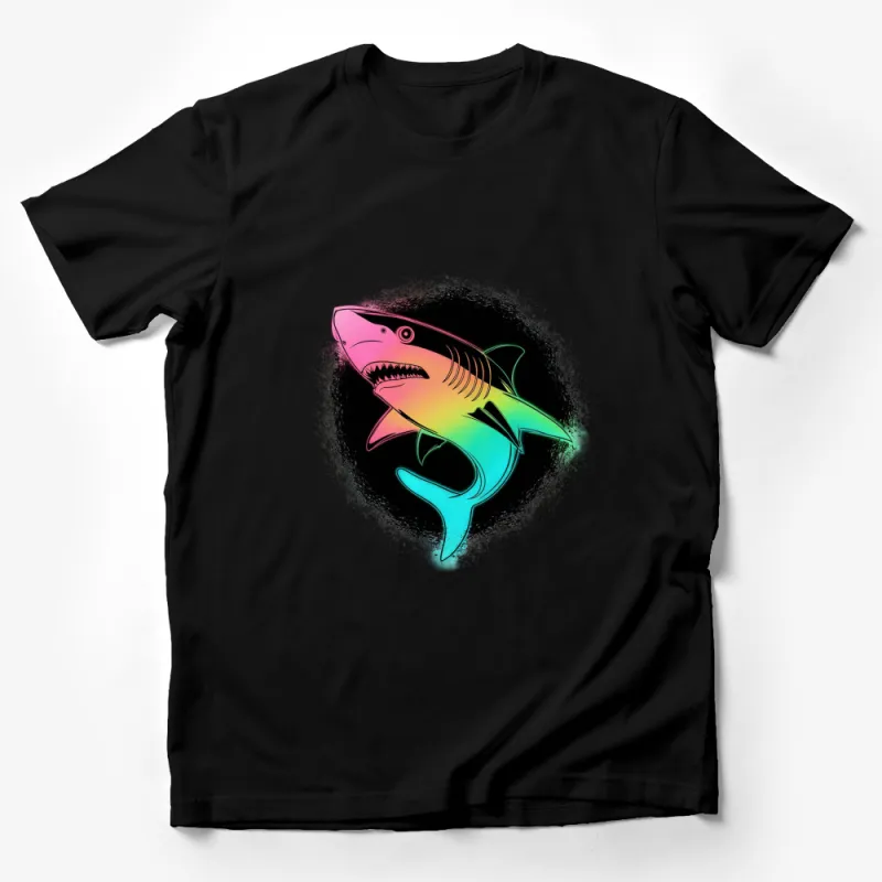 Colorful Neon Shark Graphic T-Shirt, Vibrant Unisex Ocean Life Tee, Trendy Beachwear for All Ages Male T-Shirt