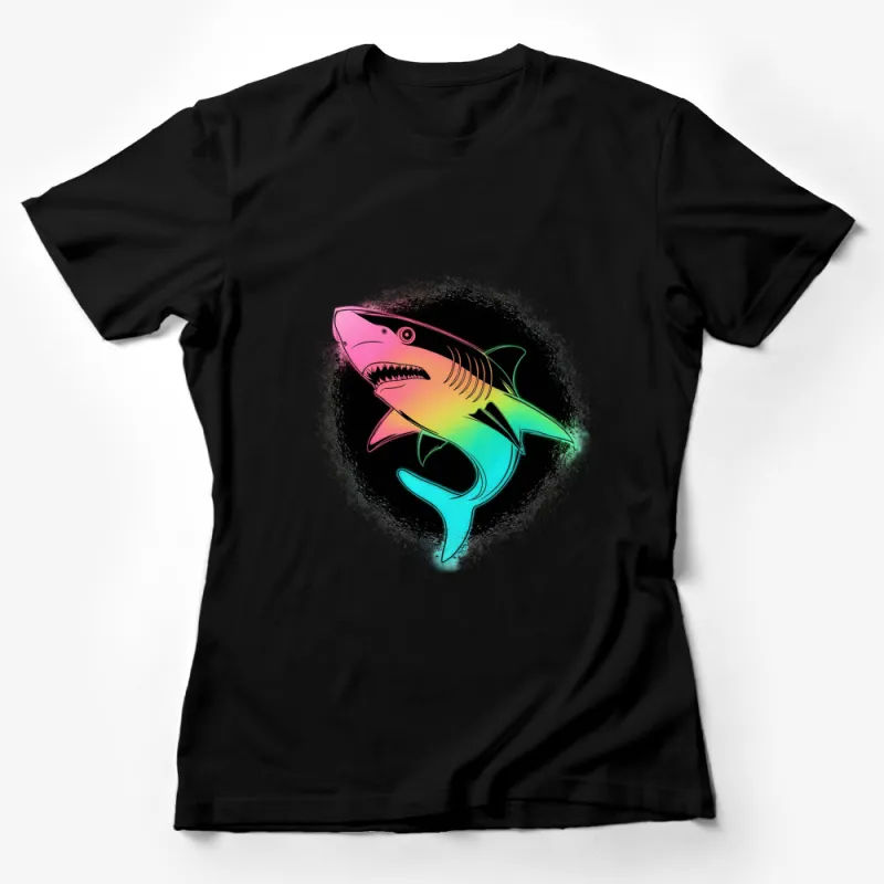 Colorful Neon Shark Graphic T-Shirt, Vibrant Unisex Ocean Life Tee, Trendy Beachwear for All Ages Female T-Shirt