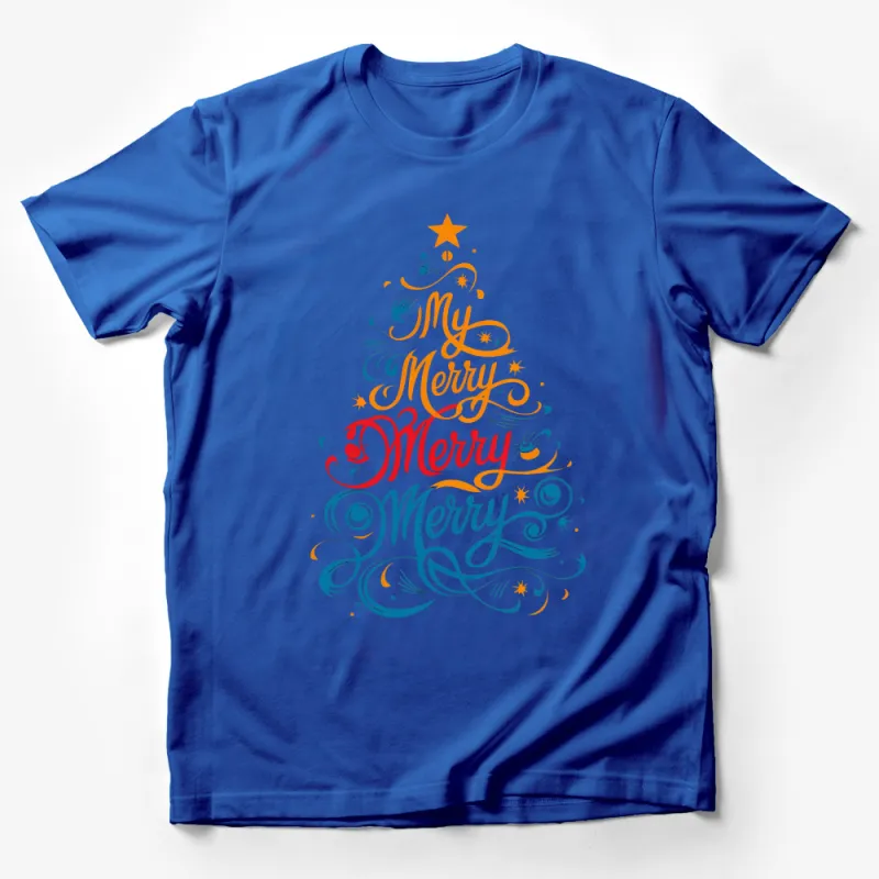 My Merry Merry Merry Christmas Tree Typography T-Shirt, Festive Holiday Apparel Male T-Shirt