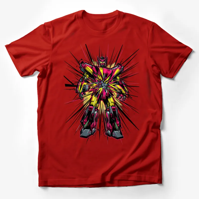 Colorful Robot Warrior T-Shirt, Vibrant Comic Art Tee, Unique Graphic Design Shirt for All Ages Male T-Shirt