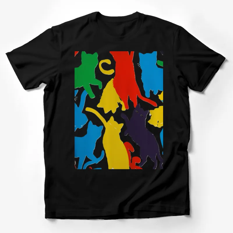 Colorful Cat Silhouettes T-Shirt, Fun Multi-color Cat Lover Tee, Unisex Graphic Tee for All Ages Male T-Shirt