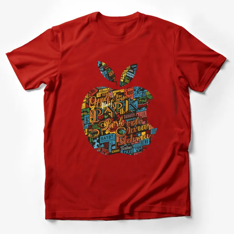 Colorful Typographic Apple Design T-Shirt, Vibrant City Park Names Tee, Unisex Apparel Male T-Shirt