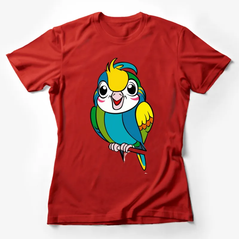 Colorful Parrot Cartoon Graphic T-Shirt, Cute Bird Lover Gift, Unisex Tee for All Ages, Vibrant Casual Wear Female T-Shirt