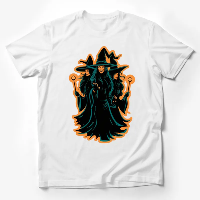 Triple Witch Design T-Shirt, Mystical Witches Graphic Tee, Halloween Spooky Apparel Male T-Shirt