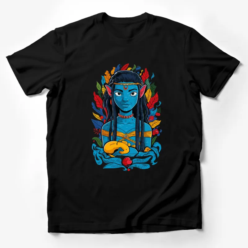 Fantasy Avatar Inspired Blue Character T-Shirt, Tribal Jungle Leaves and Water Design Men Women Unisex Male T-Shirt