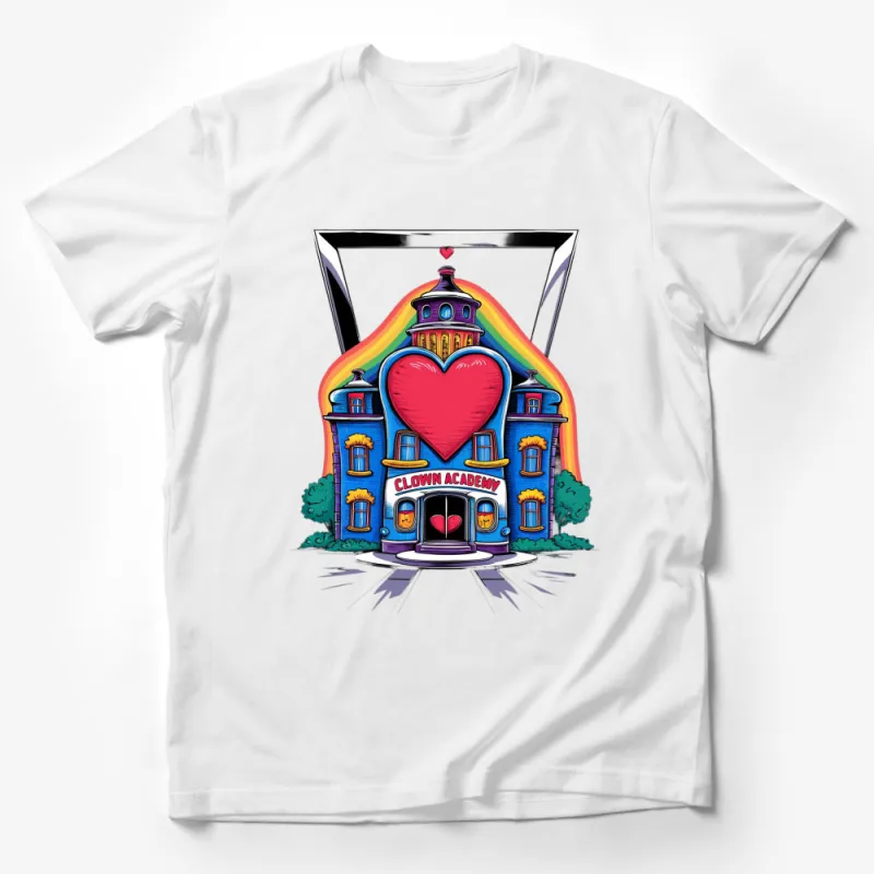 Colorful Clown Academy Graphic T-Shirt, Fun and Vibrant Cartoon Building Design, Unique Heart Motif Tee Male T-Shirt