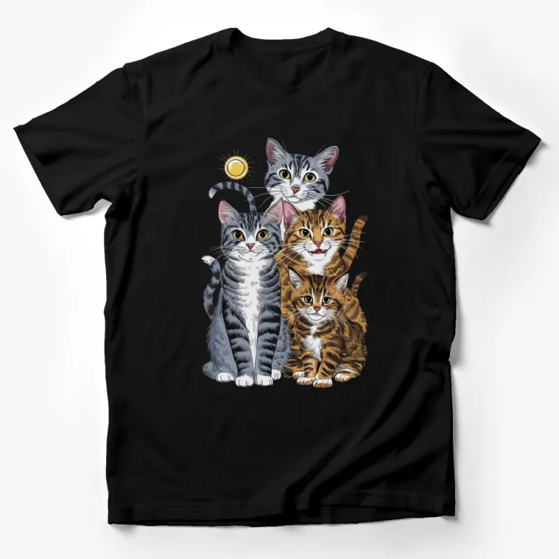 Adorable Cat Family T-Shirt, Cute Kittens Graphic Tee, Pet Lover Gift, Sun and Cats Design Male T-Shirt