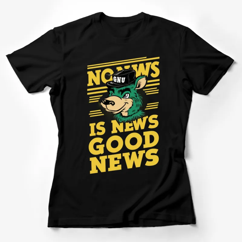 Unique GNU News Graphic T-Shirt, Green GNU Character with Cap, Bold Yellow Text Female T-Shirt