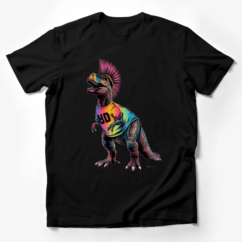 Colorful Dinosaur T-Shirt, Retro Style Graphic Tee, Youthful Punk Dino Design, Unisex Apparel Male T-Shirt