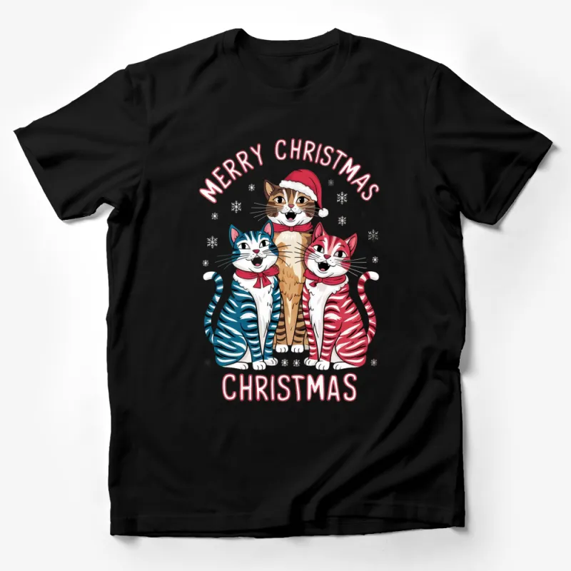 Merry Christmas Cat T-Shirt, Festive Holiday Cats in Santa Hat and Scarves, Colorful Cat Lover Gift, Winter Apparel Male T-Shirt