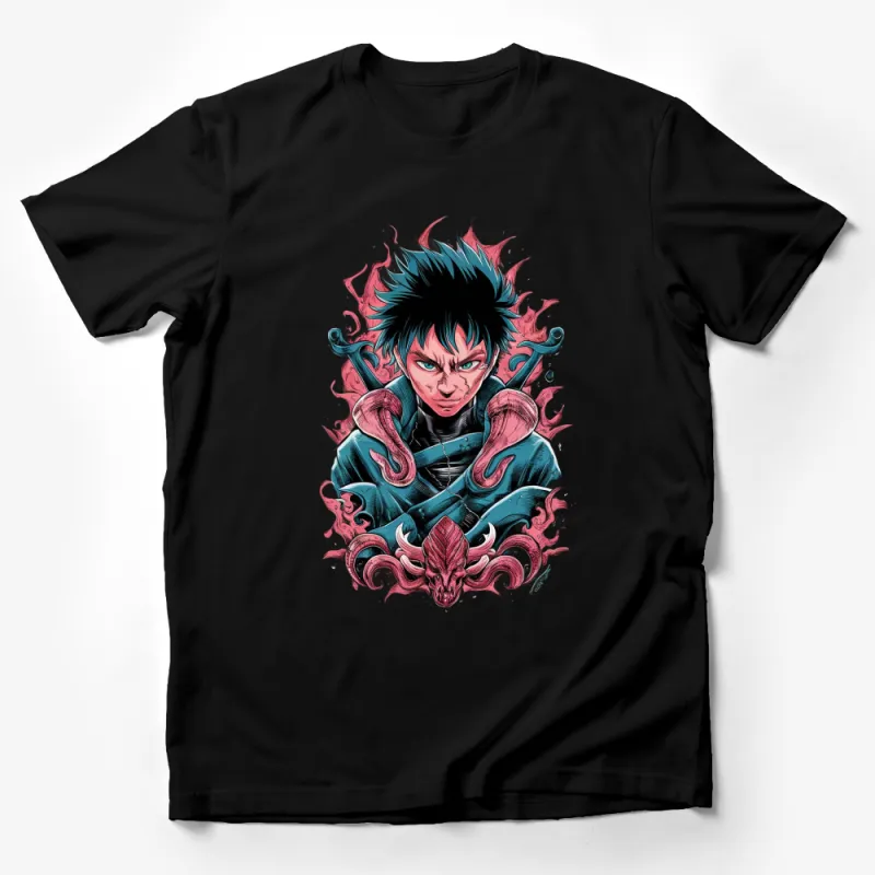 Anime Inspired Vibrant Blue-Haired Warrior T-Shirt, Dynamic Artwork, Unisex Tee Male T-Shirt