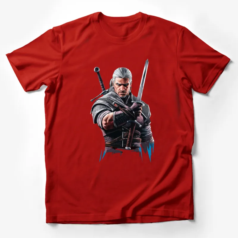 Witcher Geralt White Wolf Swordsman Graphic Tee, Unisex Fantasy Gaming T-Shirt, Gift for Gamers Male T-Shirt