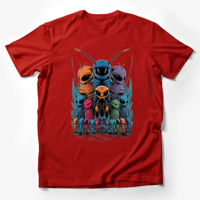 Colorful Alien Family Gathering Graphic Tee, Unique Extraterrestrial Design T-Shirt, Unisex Alien Art Top Male T-Shirt