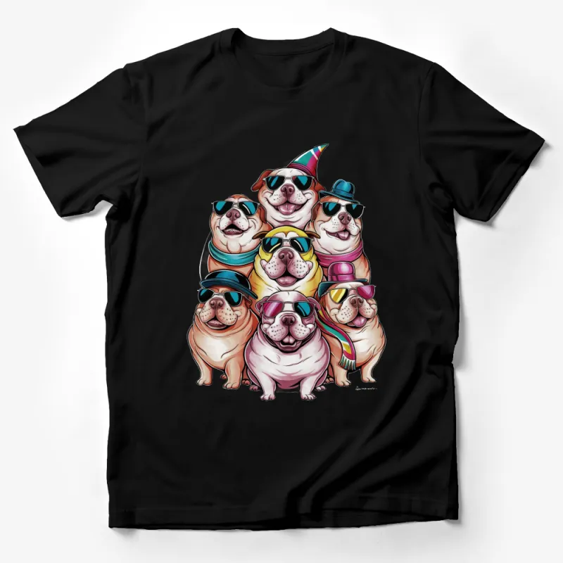 Colorful Bulldog Gang T-Shirt, Funny Dogs with Sunglasses, Cute Pet Party Tee Male T-Shirt