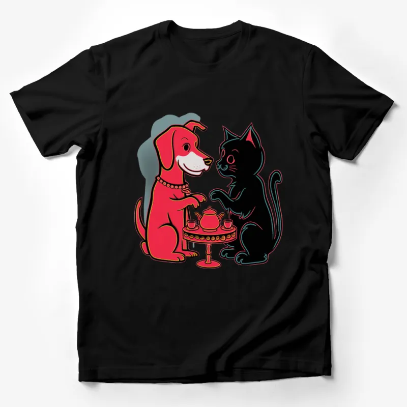 Cute Dog and Cat Tea Party T-Shirt, Graphic Animal Friends Tee, Unique Pet Lover Gift Male T-Shirt