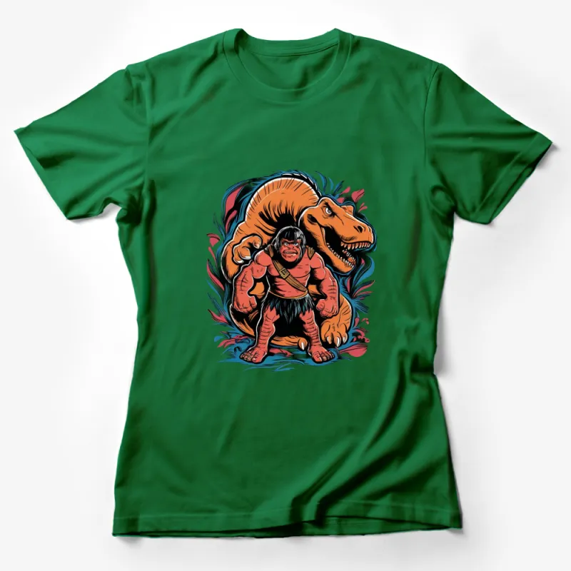 Dinosaur and Caveman Graphic T-Shirt, Colorful Prehistoric Design, Bold Comic Style Tee Female T-Shirt