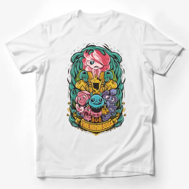 Colorful Cartoon Souls Graphic Tee, Unique Artistic Illustration T-Shirt, Vibrant Character Design Top Male T-Shirt