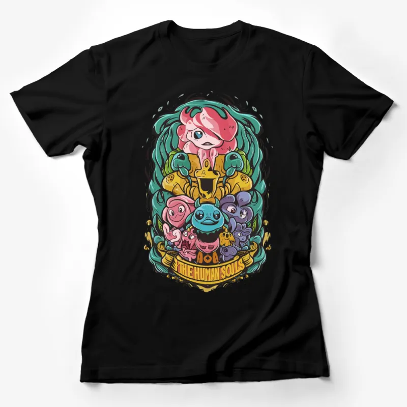 Colorful Cartoon Souls Graphic Tee, Unique Artistic Illustration T-Shirt, Vibrant Character Design Top Female T-Shirt