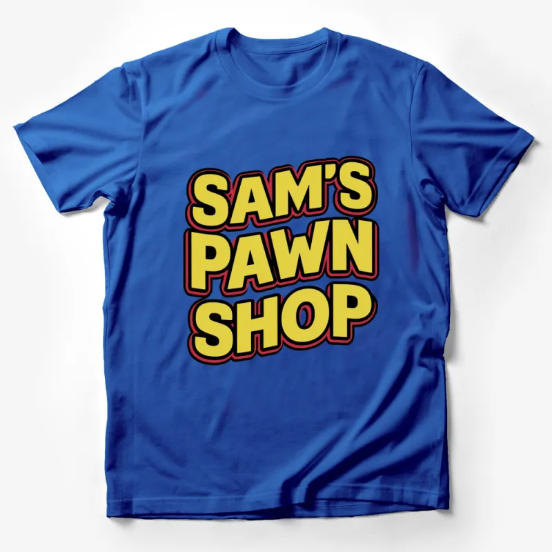 Sam's Pawn Shop Logo T-Shirt, Bold Red and Yellow Graphic Tee, Unisex Apparel Male T-Shirt