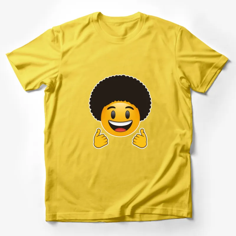 Smiley Face Emoji T-Shirt with Afro, Happy Emoticon Casual Tee, Unisex Yellow Graphic Shirt, Trendy Emoji Apparel Male T-Shirt