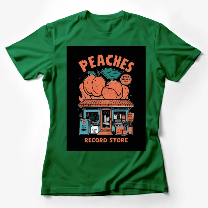 Vintage Peaches Record Store T-Shirt, Retro Music Shop Graphic Tee, Unisex Black Female T-Shirt