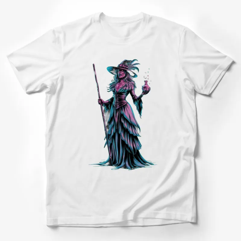 Witch Fantasy Art T-Shirt, Magical Witch With Potion and Staff, Unique Purple Witch Graphic Tee, Perfect Halloween Gift Male T-Shirt