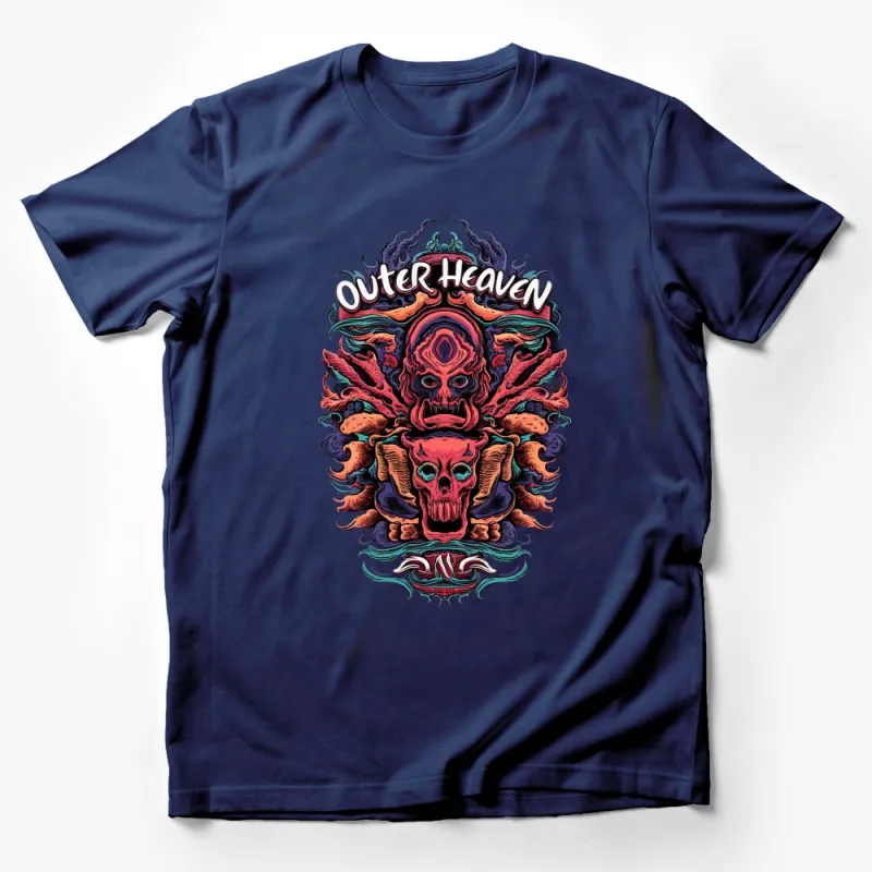 Outer Heaven Skull and Flames Graphic T-Shirt, Colorful Tattoo Style, Unisex Tee Male T-Shirt