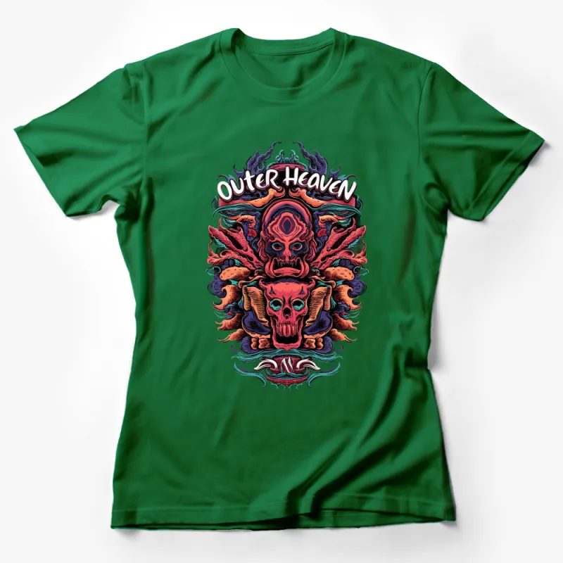 Outer Heaven Skull and Flames Graphic T-Shirt, Colorful Tattoo Style, Unisex Tee Female T-Shirt