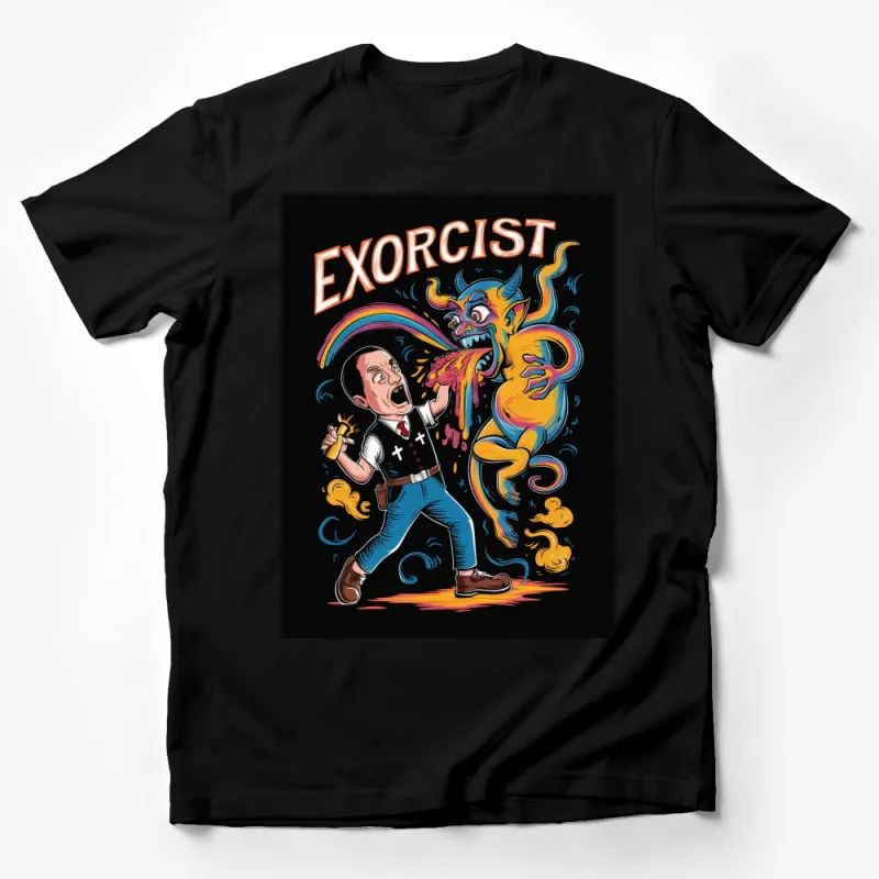 Unique Exorcist Graphic T-Shirt, Colorful Retro Style Demon Design, Pop Culture Inspired Apparel Male T-Shirt