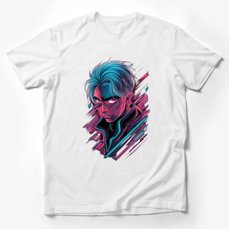 Colorful Abstract Anime Style Portrait Tee, Vibrant Blue Hair Character T-Shirt, Unique Graphic Art Shirt for Adults Male T-Shirt