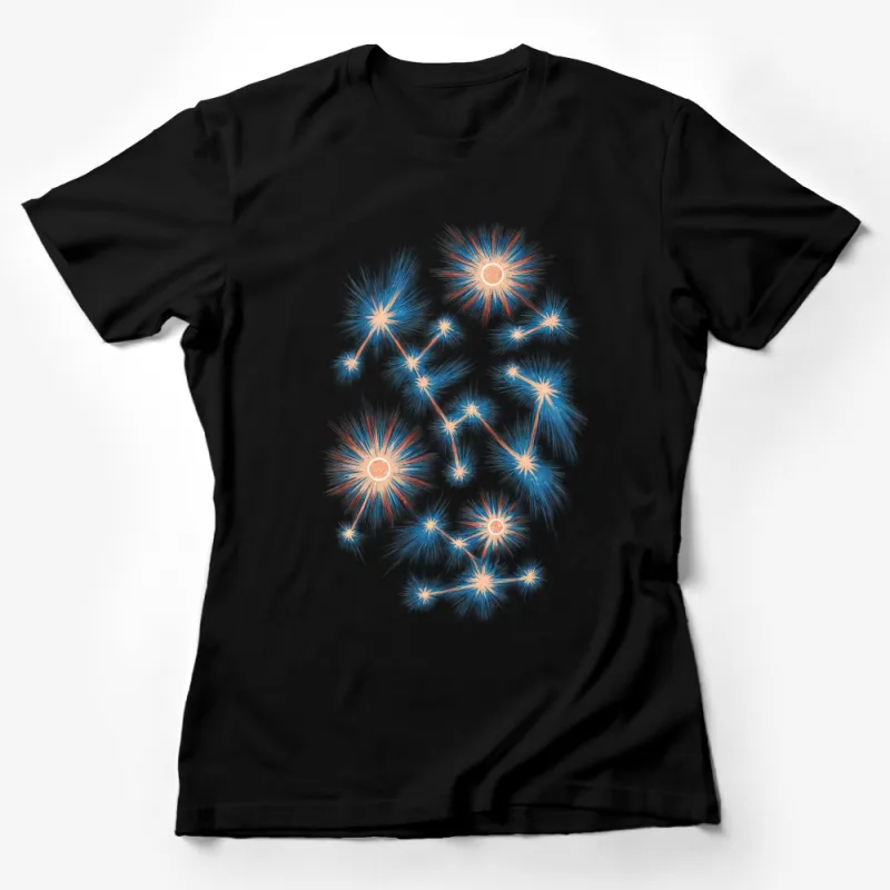 Abstract Art T-Shirt, Blue and Orange Starburst Design, Unisex Graphic Tee, Fashionable Modern Apparel Female T-Shirt