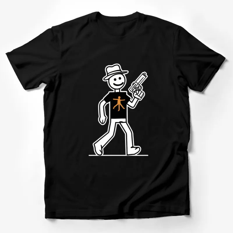 Vintage Stick Figure Graphic T-Shirt, Cool Retro Man with Hat and Gun Design, Unique Casual Tee Male T-Shirt