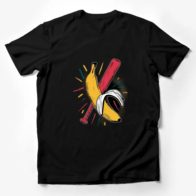 Funky Banana and Baseball Bat Graphic T-Shirt, Cool Summer Casual Tee, Unique Illustration Apparel Male T-Shirt