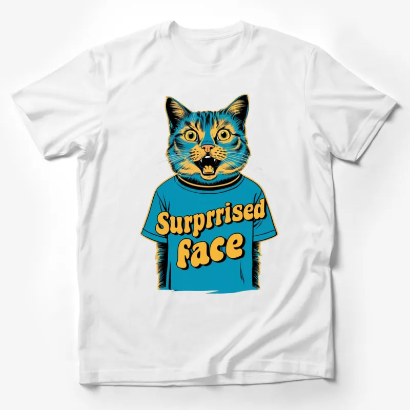 Surprised Face Cat T-Shirt, Funny Cat Graphic Tee, Unique Cat Lover Gift, Blue Male T-Shirt