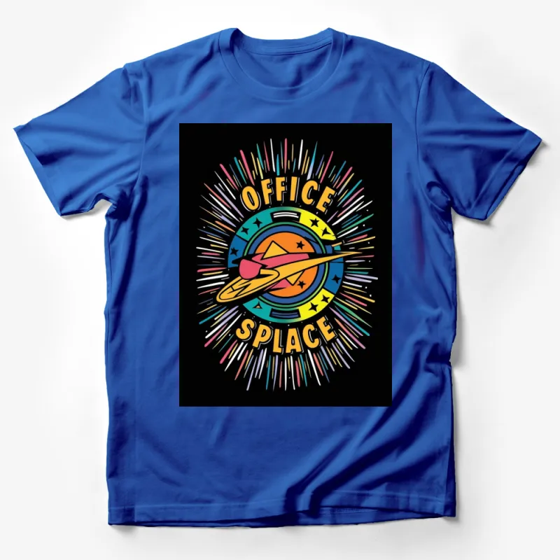 Colorful Office Space Rocket Design T-Shirt, Vibrant Astronaut Graphic Tee, Unisex Male T-Shirt