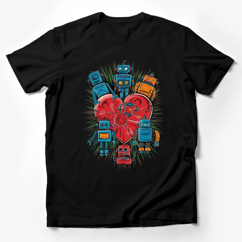 Colorful Retro Robots Design T-Shirt, Vintage Style Robot Family Graphic Tee, Unisex Casual Wear Male T-Shirt