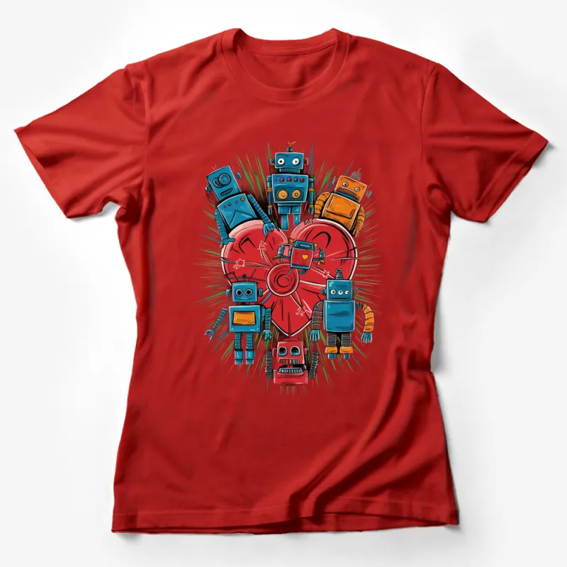 Colorful Retro Robots Design T-Shirt, Vintage Style Robot Family Graphic Tee, Unisex Casual Wear Female T-Shirt