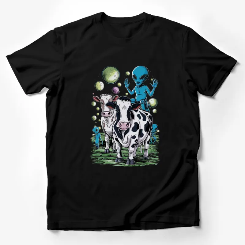 Alien and Cow T-Shirt, Unique UFO Abduction Graphic Tee, Farm Animal and Extraterrestrial Encounter Shirt Male T-Shirt