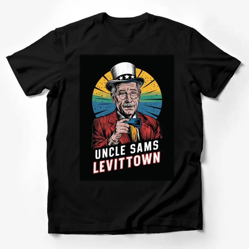 Uncle Sam's Levittown Vintage Design T-Shirt, Patriotic Retro Graphic Tee, Colorful American Style Shirt Male T-Shirt