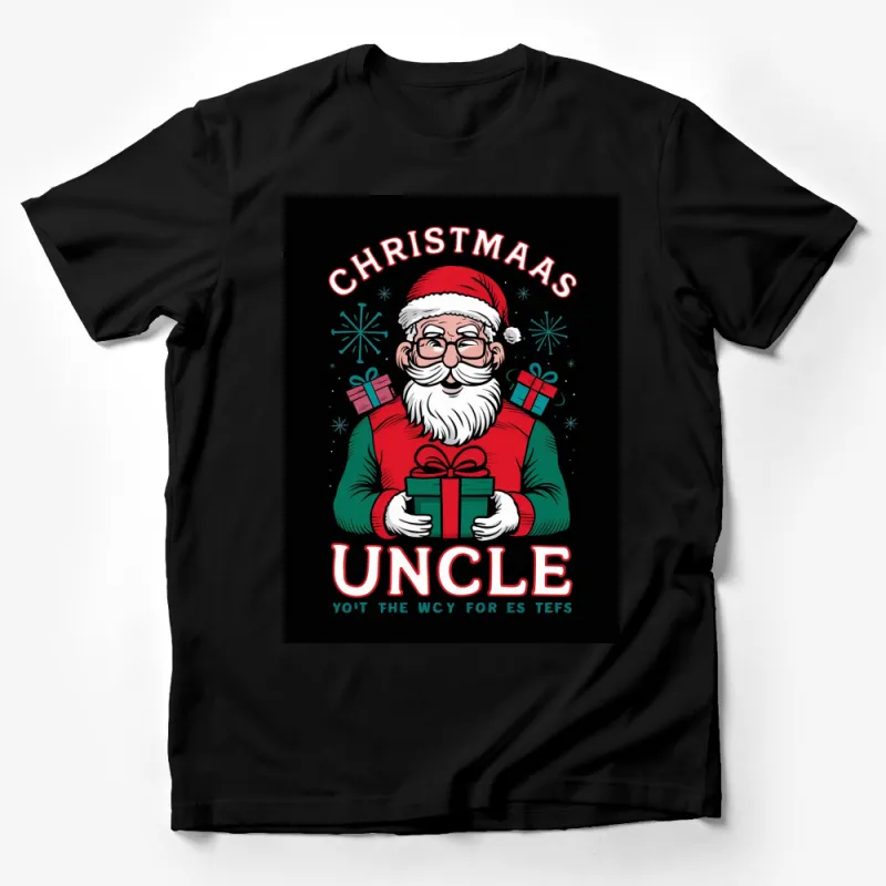 Festive Christmas Uncle T-Shirt, Santa Graphic with Gifts, Holiday Family Gathering Tee, Red and Green Male T-Shirt